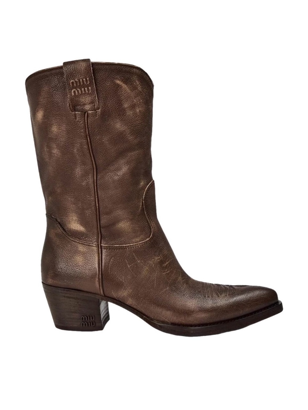 Miu Miu Distressed Brown Leather Western Boot